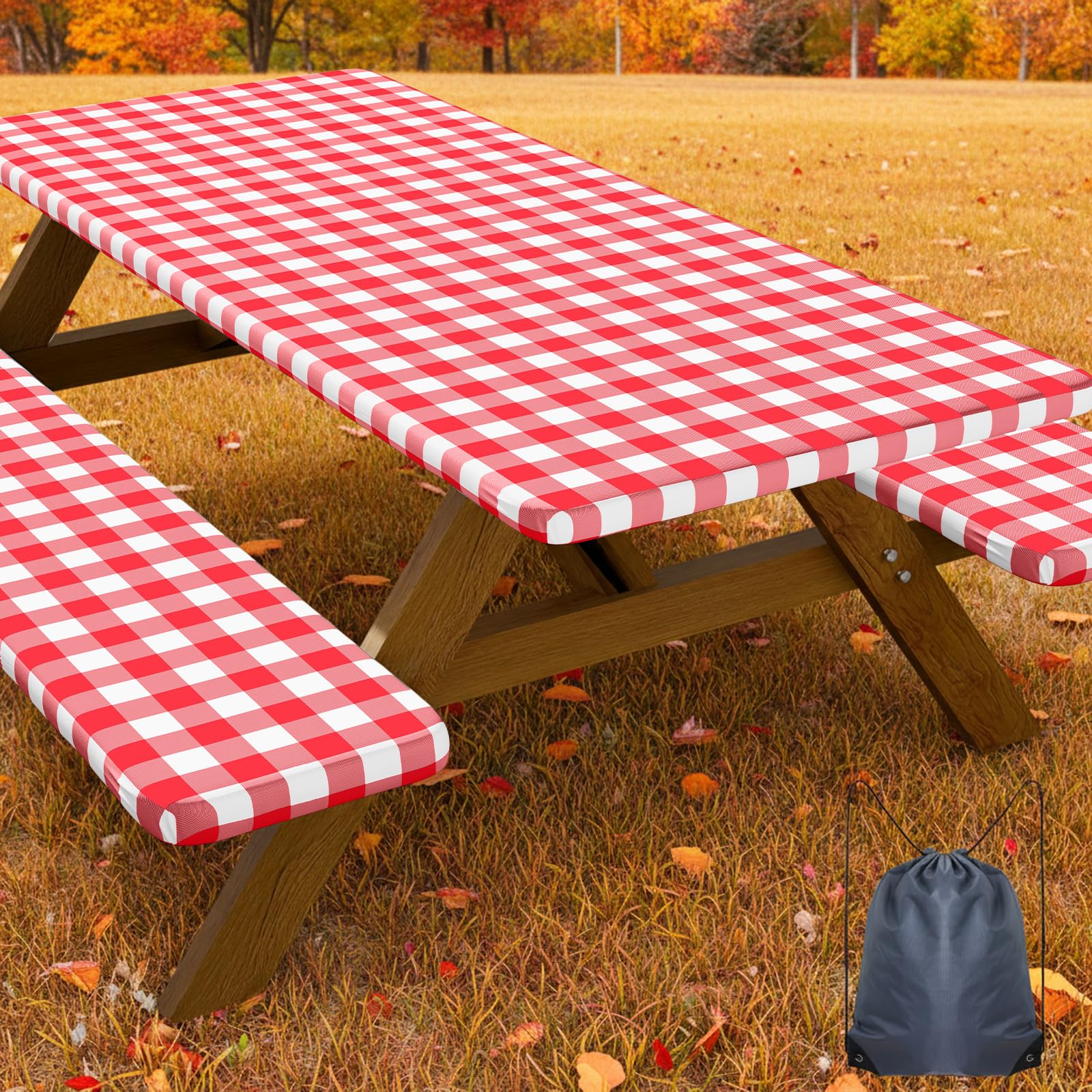 Photo 1 of Smiry Picnic Table Cover with Bench Covers, Waterproof Elastic Fitted Tablecloths for 6 Foot Rectangle Tables, Washable Buffalo Plaid Tablecloth for Camping, Outdoor (Red & White, 30"x72")
