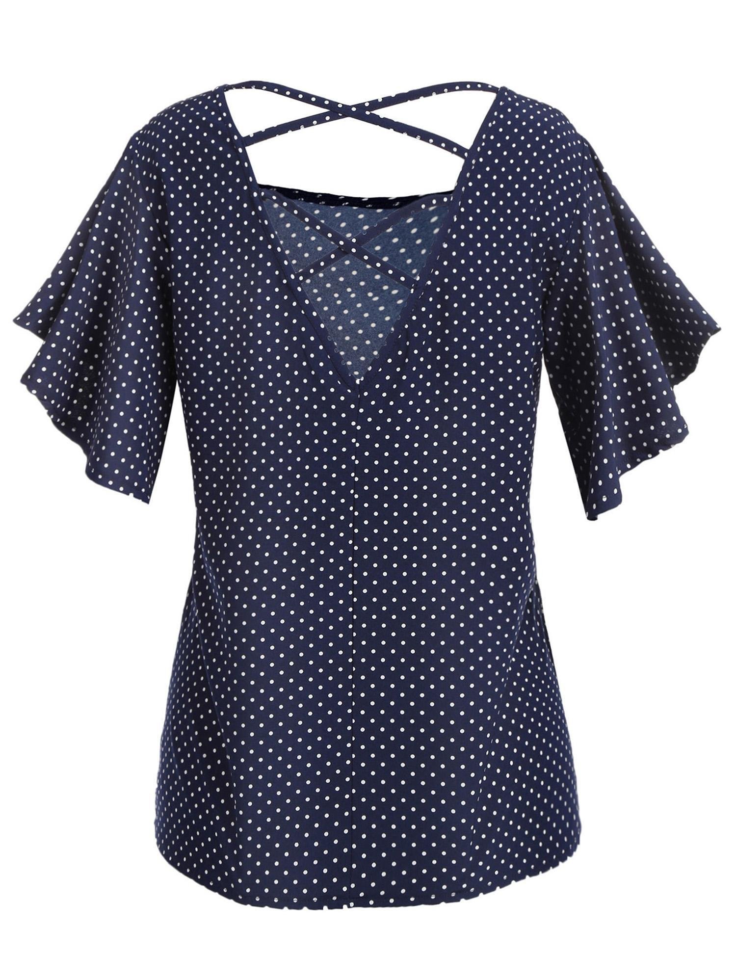 Zeagoo Women Vintage Retro Polka Dot Print Blouse Cocktail Party Casual Top Tee Navy Blue/M