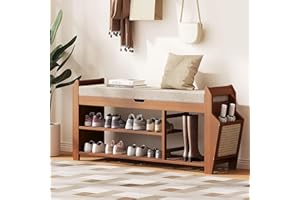 PETKABOO 39.4" Bamboo Shoe Rack Bench, 3-Tier Entryway Bench with Thick Cushion, Flip-Top & Side Storage, Holds Up to 550 LBS