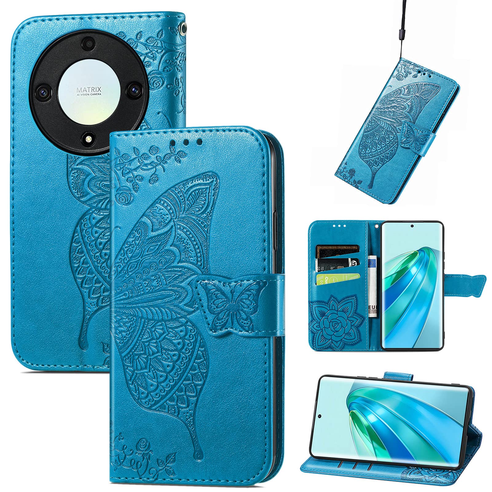 JIUNINE Case for Honor Magic 5 Lite 5G, Leather Wallet Case Flip Cover with Butterfly Embossed Pattern [Card Holder] [Magnetic Closure] [TPU Inner Shell] for Honor Magic 5 Lite 5G, Blue