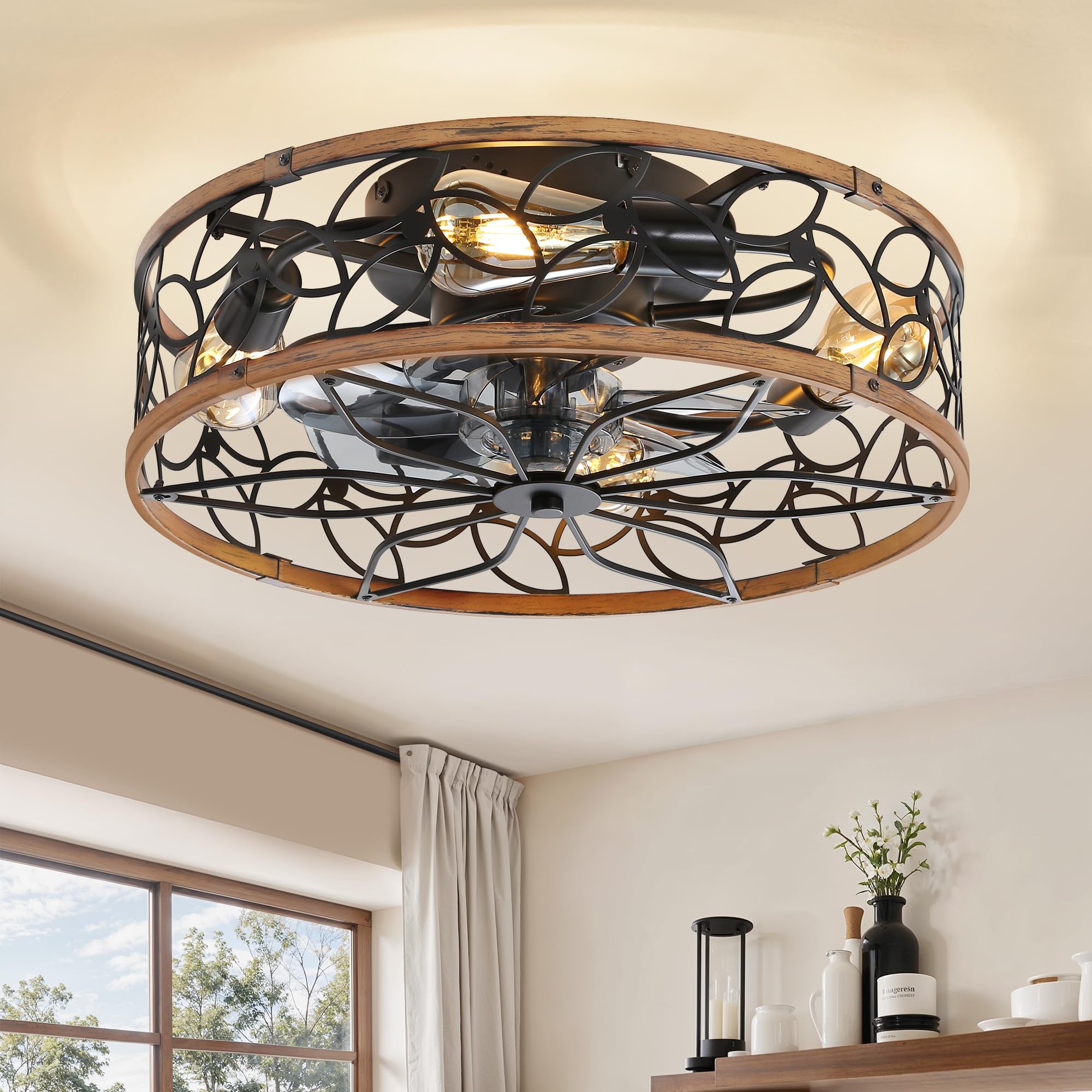 LEDIARY Caged Ceiling Fans with Lights, Farmhouse Flush Mount Ceiling Fan with Remote&App, Black&Walnut Low Profile Ceiling Fan Light Fixture for Bedroom, Kitchen, Dining Room. Image