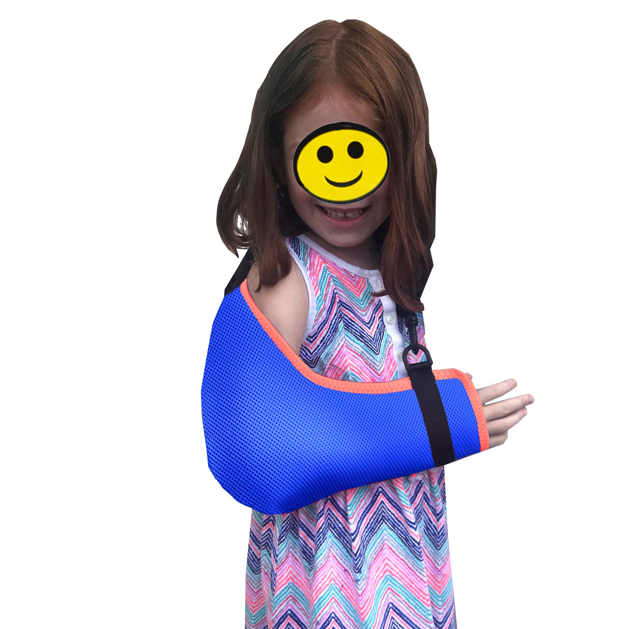 4DflexiSPORT Arm Sling Extra Shoulder Support, Child 2-3yr Blue/Coral Trim, Easy Fit, Cooling, Happy Healing Sticker.