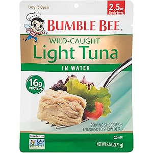 BUMBLE BEE Premium Light Tuna Pouch in Water, Ready to Eat Tuna Fish, High Protein, Keto Food and Snacks, Gluten Free, 2.5oz Pouch (Pack of 12)