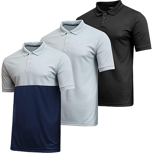 3 Pack: Men's Dry-Fit Short Sleeve Active Athletic Performance Polo Shirt- Classic Fit
