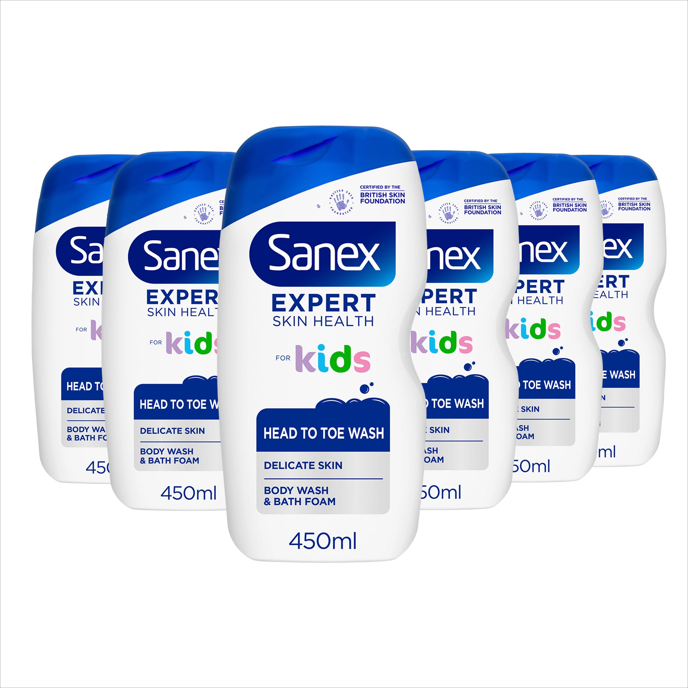 Sanex Expert Skin Health Body & Hair Kids Shower Gel 6 X 450ml - Gently Cleanses Delicate Skin - 12 Hour Hydration - Paediatrician Approved - Prebiotic & Postbiotic Complex - Dermatologically Tested
