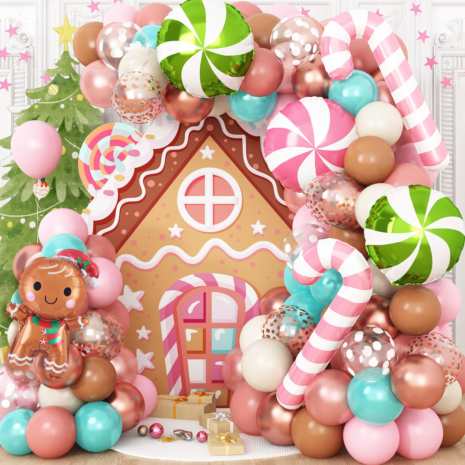 Christmas Gingerbread House Balloon Arch Kit 134Pcs Xmas Balloon Garland Kit with Gingerbread Man Candy Cane Foil Balloons Pink Brown Rose Gold Teal Blue Cookie Exchange New Year Party Decorations