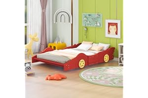 CITYLIGHT Full Size Car Beds for Boys Race Car-Shaped Full Bed Frame with Wheels Wooden Kids Car Full Bed for Boys Full Car Bed with Slat Support for Child's Bedroom (Full,Red)