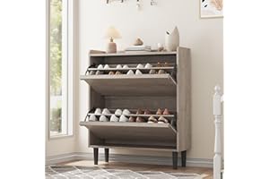 Garvee Grey Shoe Cabinet with 2 Flip Drawers, Wooden Shoe Organizer Cabinet for Entryway, 3-Tier Shoe Storage Rack with Adjus