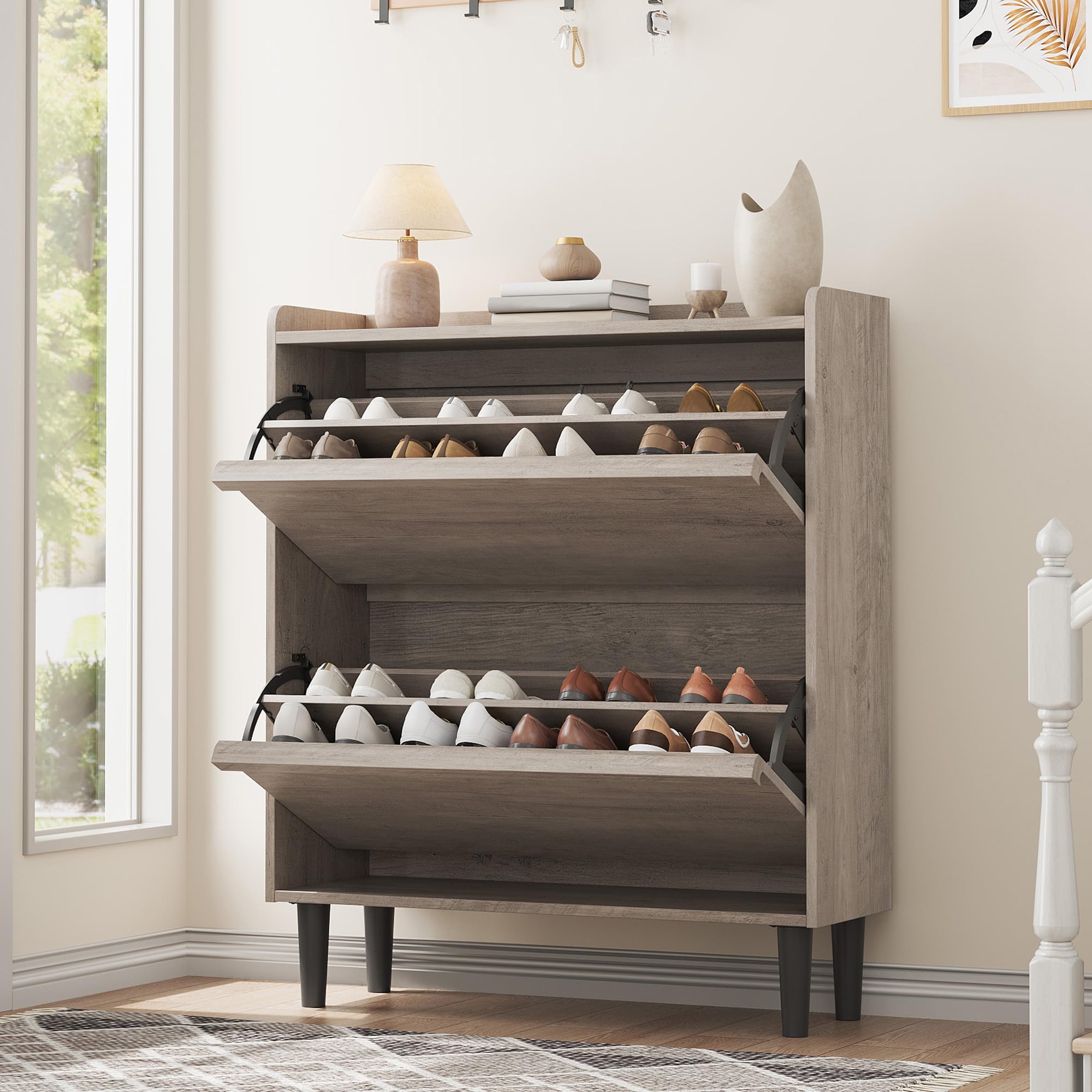 Photo 1 of GarveeHome Shoe Cabinet with 2 Flip Drawers, Wooden Shoe Organizer with Adjustable Shelf, Shoe Storage for Entryway, Hidden Shoe Cabinet for Hallway, Living Room, Grey