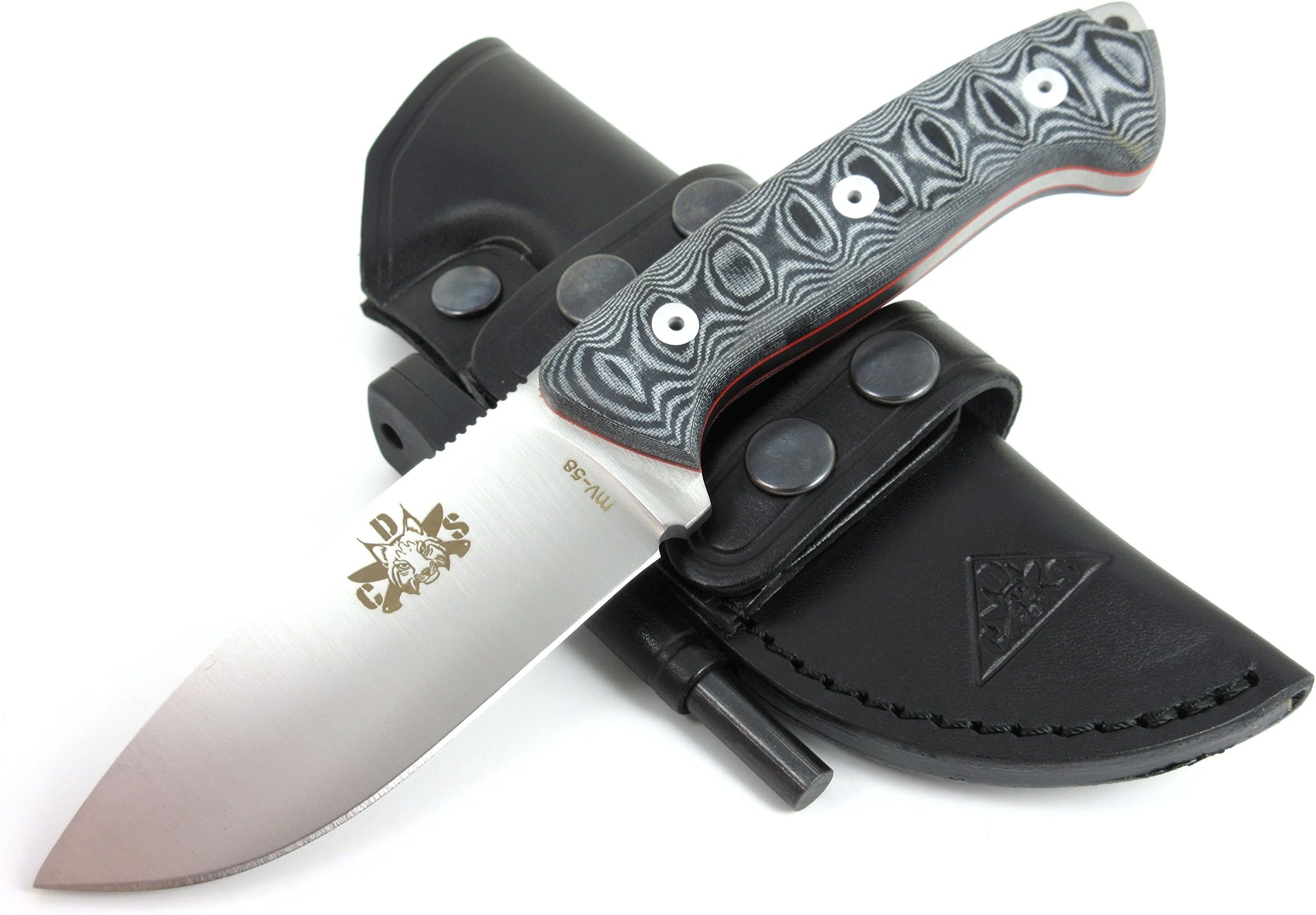 Bushcraft Survival Hunting Camping Knife, Stainless Steel MOVA-58, Genuine Leather Horizontal-Vertical Belt Sheath + Firesteel, Handmade