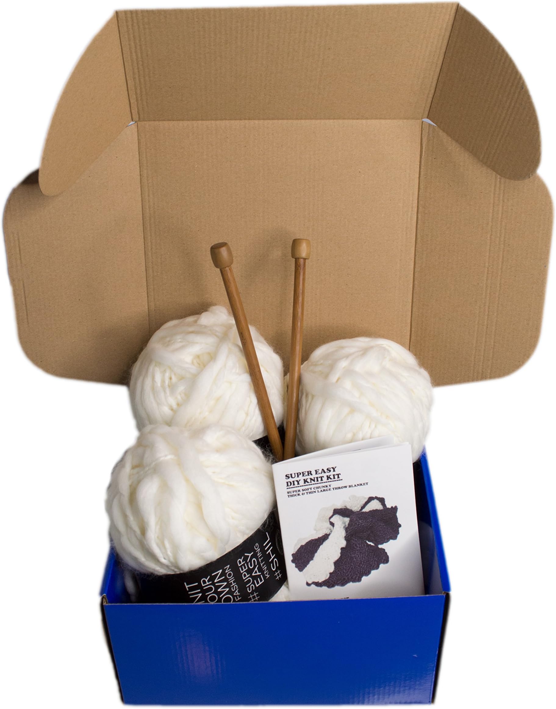 Large DIY Knitting Blanket Kit Soft Chunky Thick and Thin Bulky Yarn US 15 Needles (Off-White)
