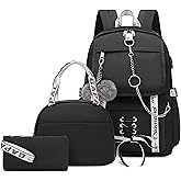 Hey Yoo School Backpack for Girls Backpack with Lunch Box Bookbag Aesthetic Cute Backpack Set School Backpacks for Teens Girls (Black)