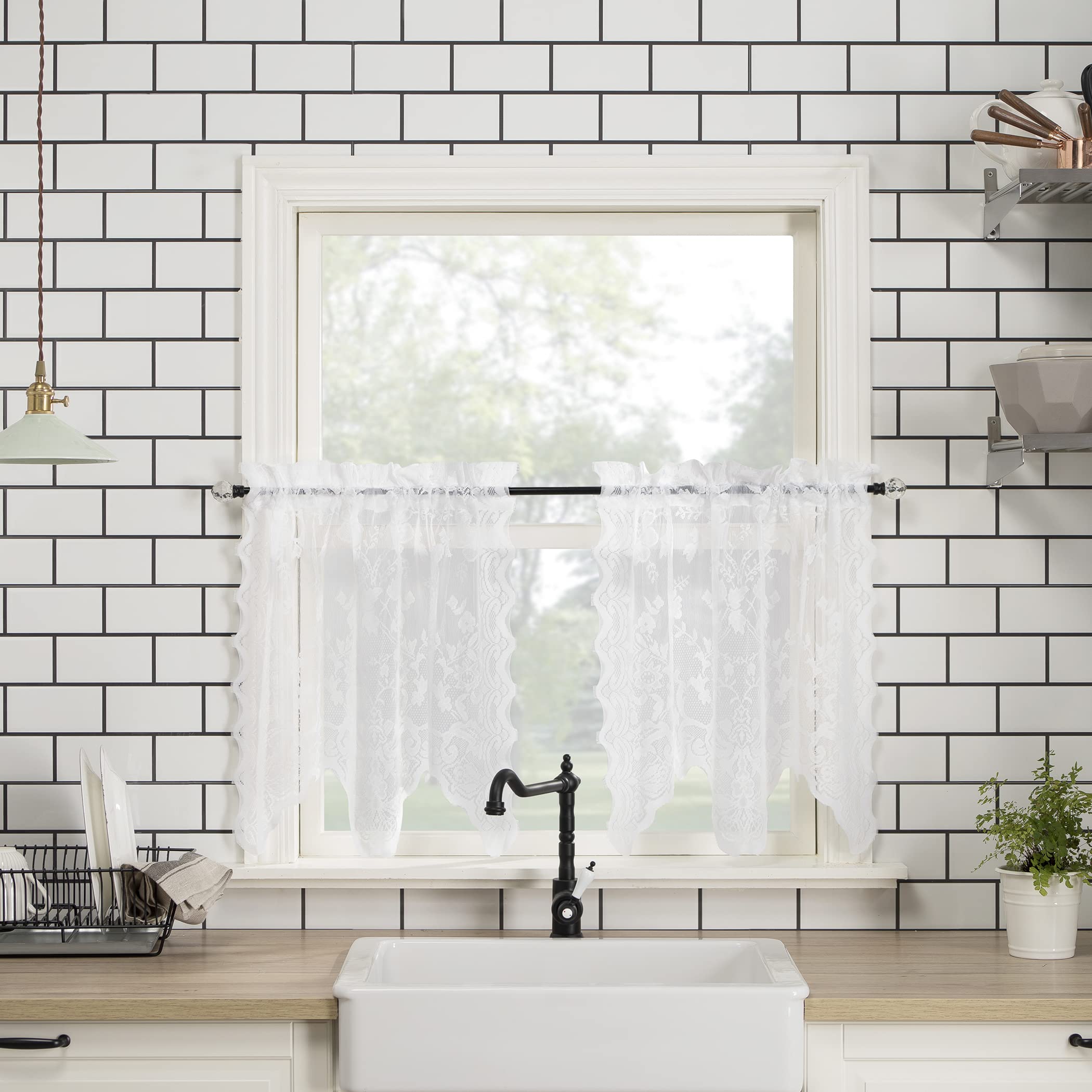 No. 918 Alison Floral Lace Sheer Rod Pocket Kitchen Curtain Tier Pair, 58" x 24", White