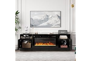 OneBlis 70" Fireplace TV Stand with 36" Electric Fireplace, LED Light Entertainment Center for TVs Up to 80", High-Gloss Door, Modern TV Console for Living Room with Storage Cabinet, Black+Black