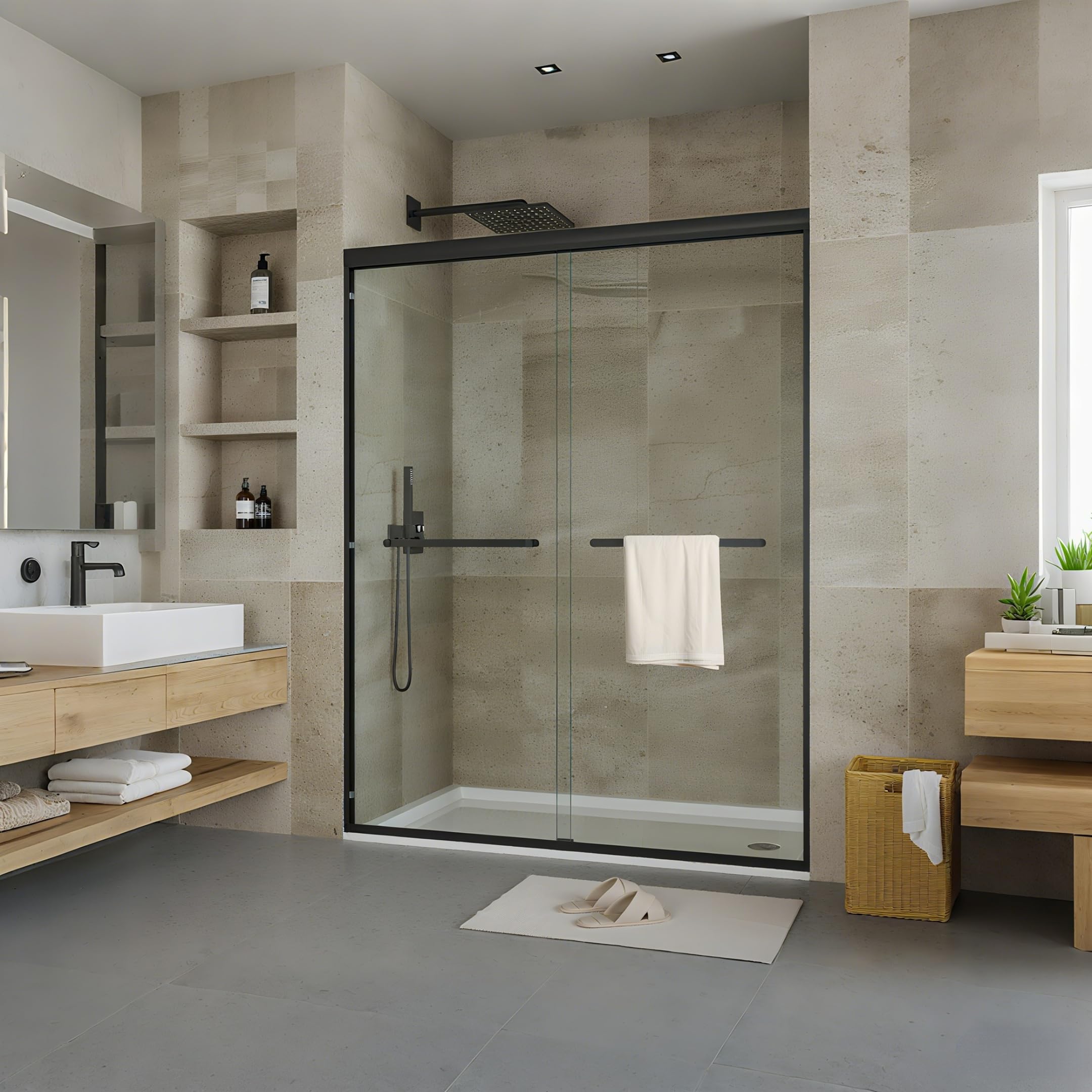 Photo 1 of ***RAILS HAVE BEEN CUT FROMA PREVIOUS INSTALLATION/POSSIBLY FOR PARTS*** Sliding Shower Door 56-60 Inch W×72 Inch H – Double Sliding Glass Shower Door with 6mm Tempered Safety Glass, Easy-Glide Rollers for Walk-in Shower and Contemporary Bathroom Setup