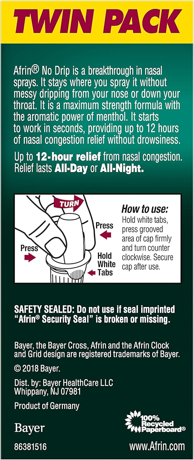 Afrin No Drip Severe Congestion Maximum Strength 12 Hour Nasal Congestion Relief Spray - 2 15 mL Bottles: Health & Personal Care