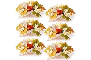 Umigy Set of 6 Fall Votive Candle Holders Thanksgiving Centerpieces Fall Candle Rings Wreaths with Glass Votive Tealight Holders for Table Decor(Maple Leaf,Rustic Color)
