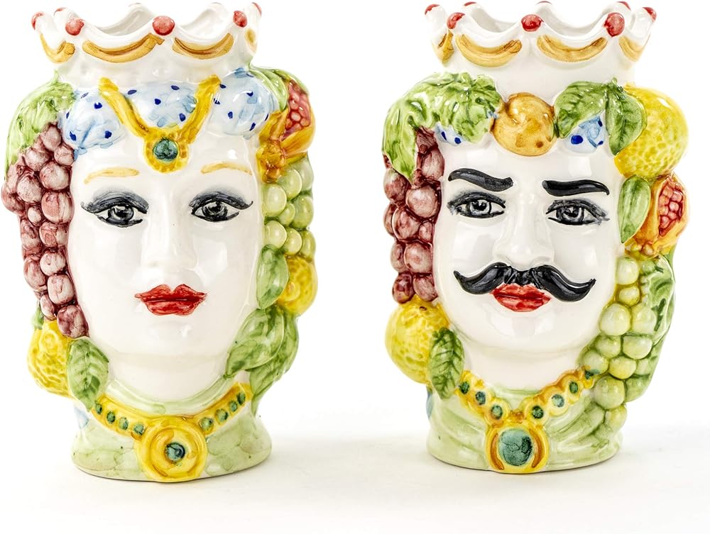 Teste di moro h cm 14 in ceramica, coppia teste di moro di caltagirone fatte a mano