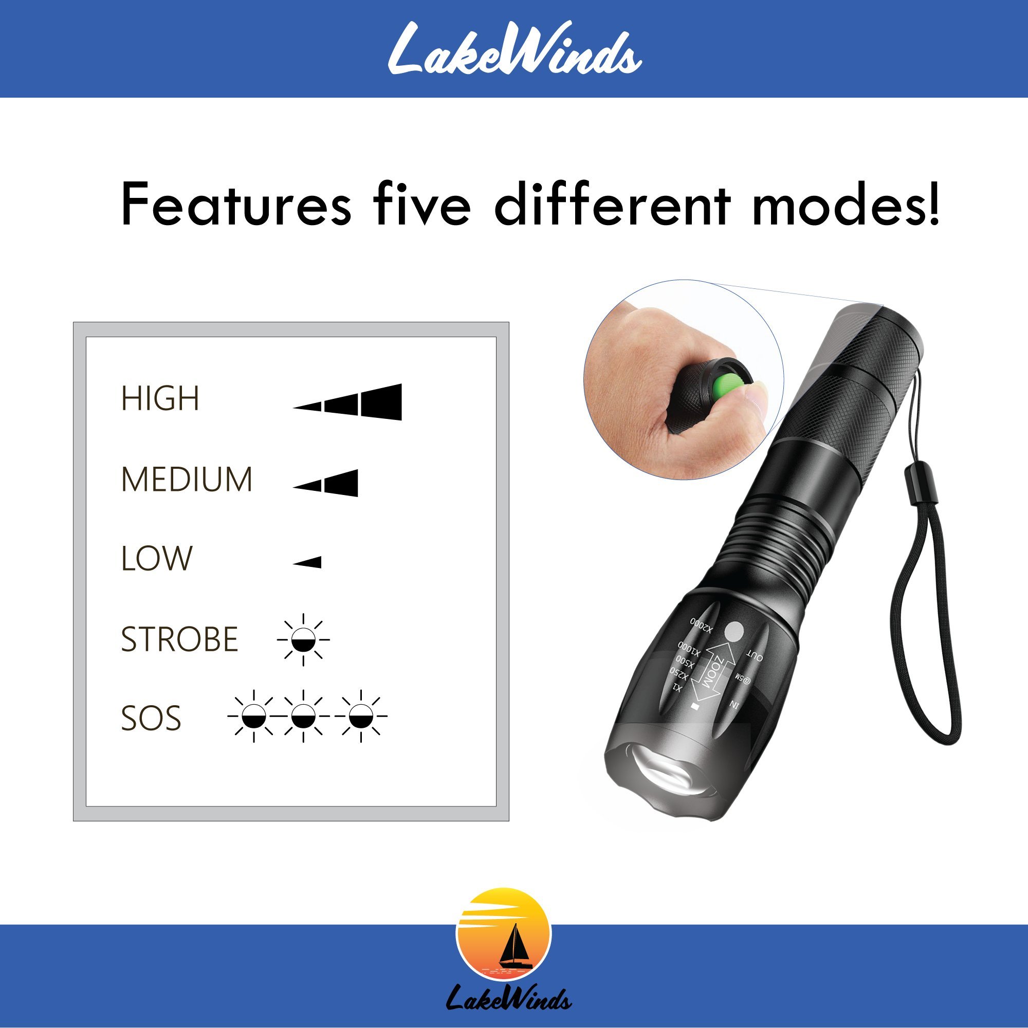 Lakewinds 1000 Lumen LED - High Powered Rechargeable Adjustable Tactical Flashlight - Five Focus Modes - Shock Resistant - Water Resistant - 600 Foot Light Range