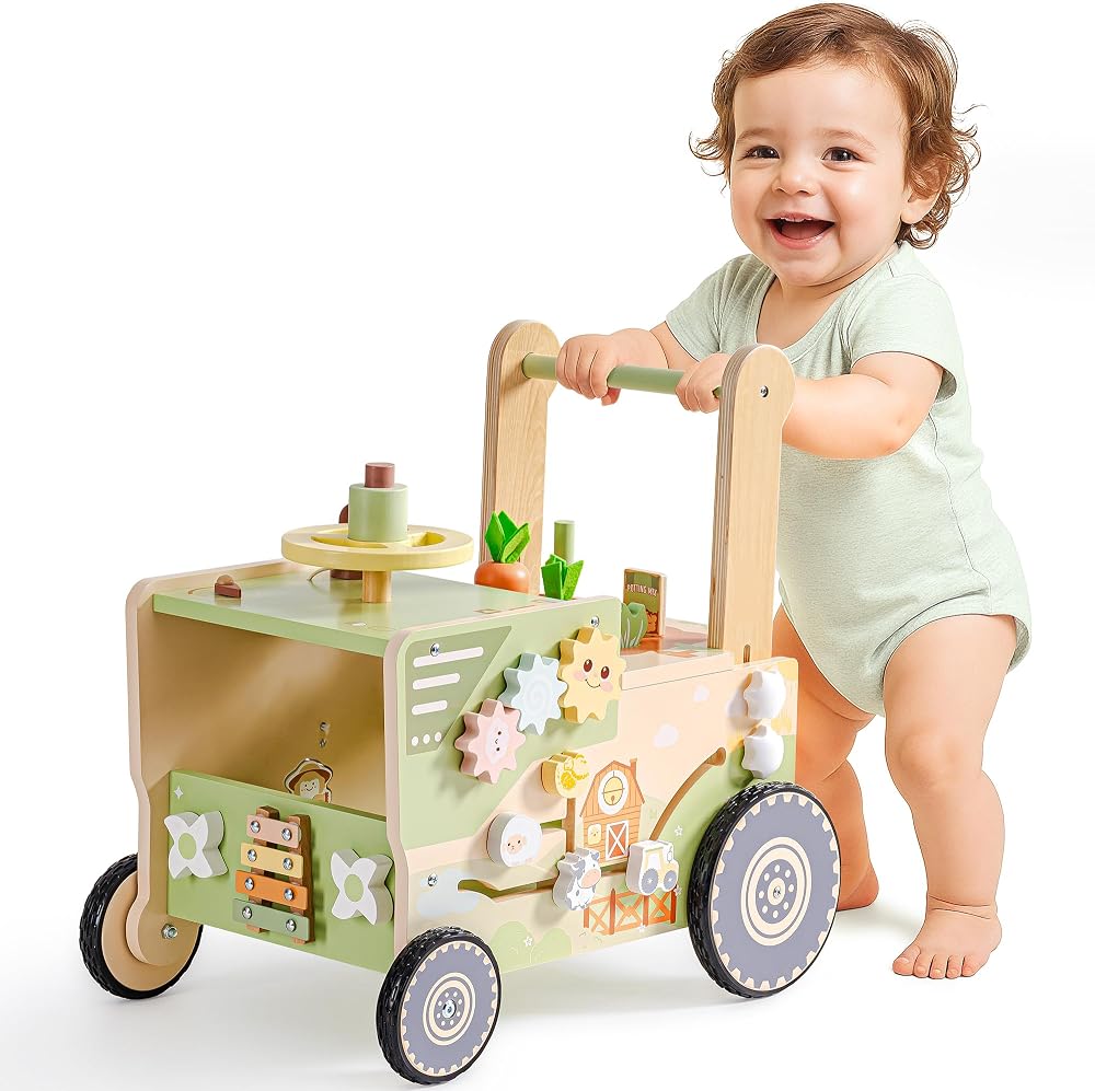 ROBURD Farm Themed Baby Walker Wooden Toddler Push Toy with Adjustable Height