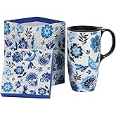 DUSVALLY Ceramic Coffee Mug Travel Cup with Lid for Car Cup Holder, Porcelain Tall Tea Cup for Latte, Cappuccino and Cocoa, Men Women Office & Home, 17 Oz, Bird and Flowers