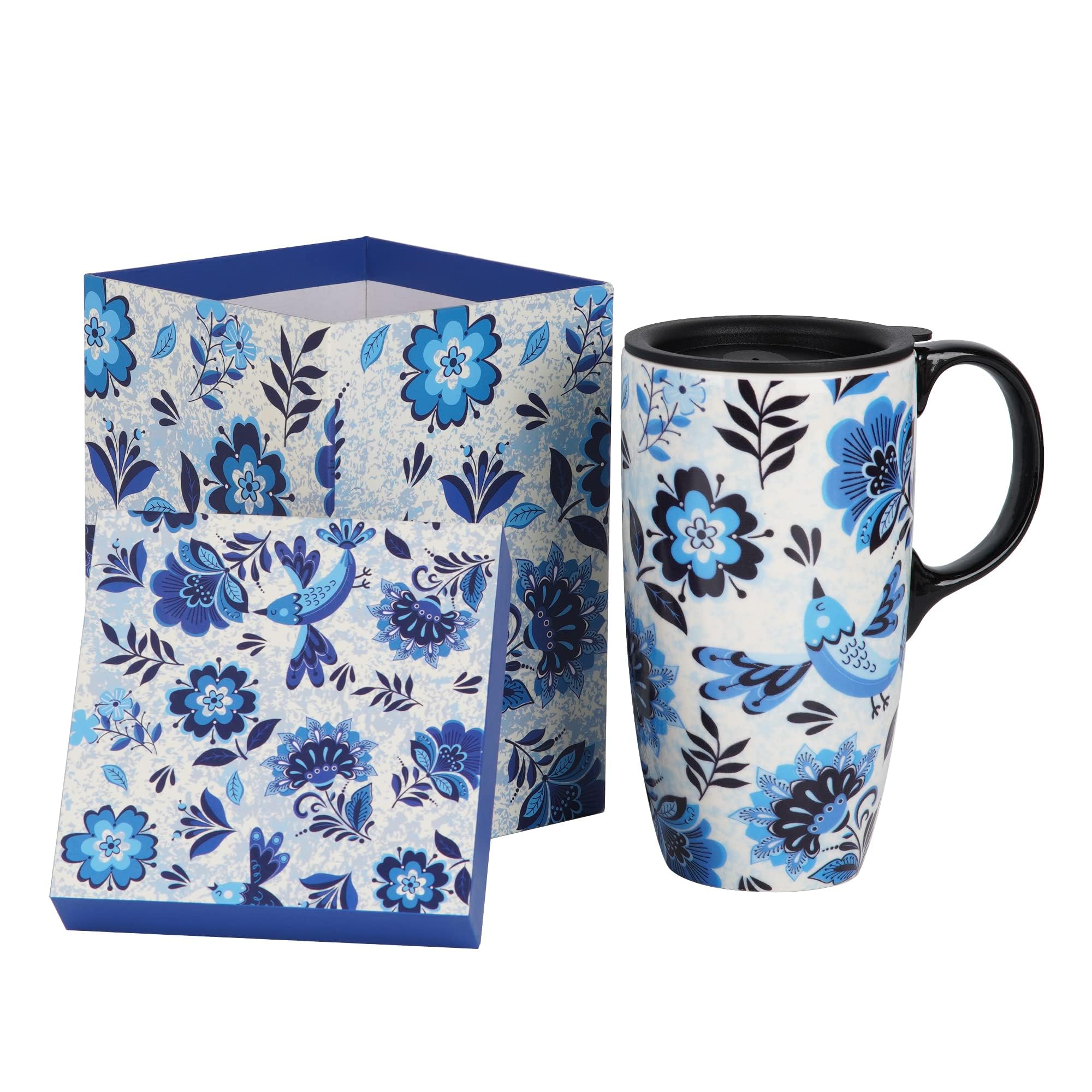 DUSVALLY Ceramic Mug Tall Coffee Cup with Lid, Handle and Gift Box Latte Mug 17oz,Blue Bird