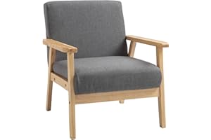 HOMCOM Modern Accent Chair Wide Seat Armchair with Wood Frame Linen Fabric Cushion for Living Room Bedroom - Grey