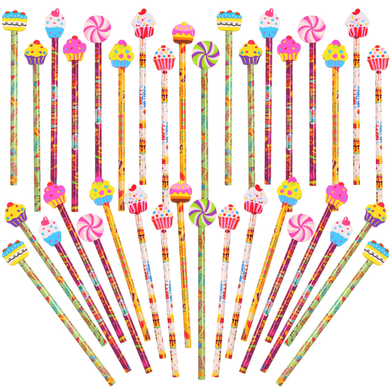 Photo 1 of 100 Pieces Happy Birthday Pencils Cake Balloons Wood Pencils with Giant Birthday Eraser Assortment Birthday Gifts for Office Supplies