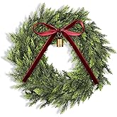 Dingion 12 Inch Real Touch Christmas Cedar Wreath Artificial Cedar Wreaths for Front Door Winter Faux Green Fake Pine Cypress Wreath with Red Bow for Window Outdoor Indoor Wall Home Xmas Holiday Decor