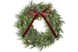 Dingion 12 Inch Real Touch Christmas Cedar Wreath Artificial Cedar Wreaths for Front Door Winter Faux Green Fake Pine Cypress Wreath with Red Bow for Window Outdoor Indoor Wall Home Xmas Holiday Decor