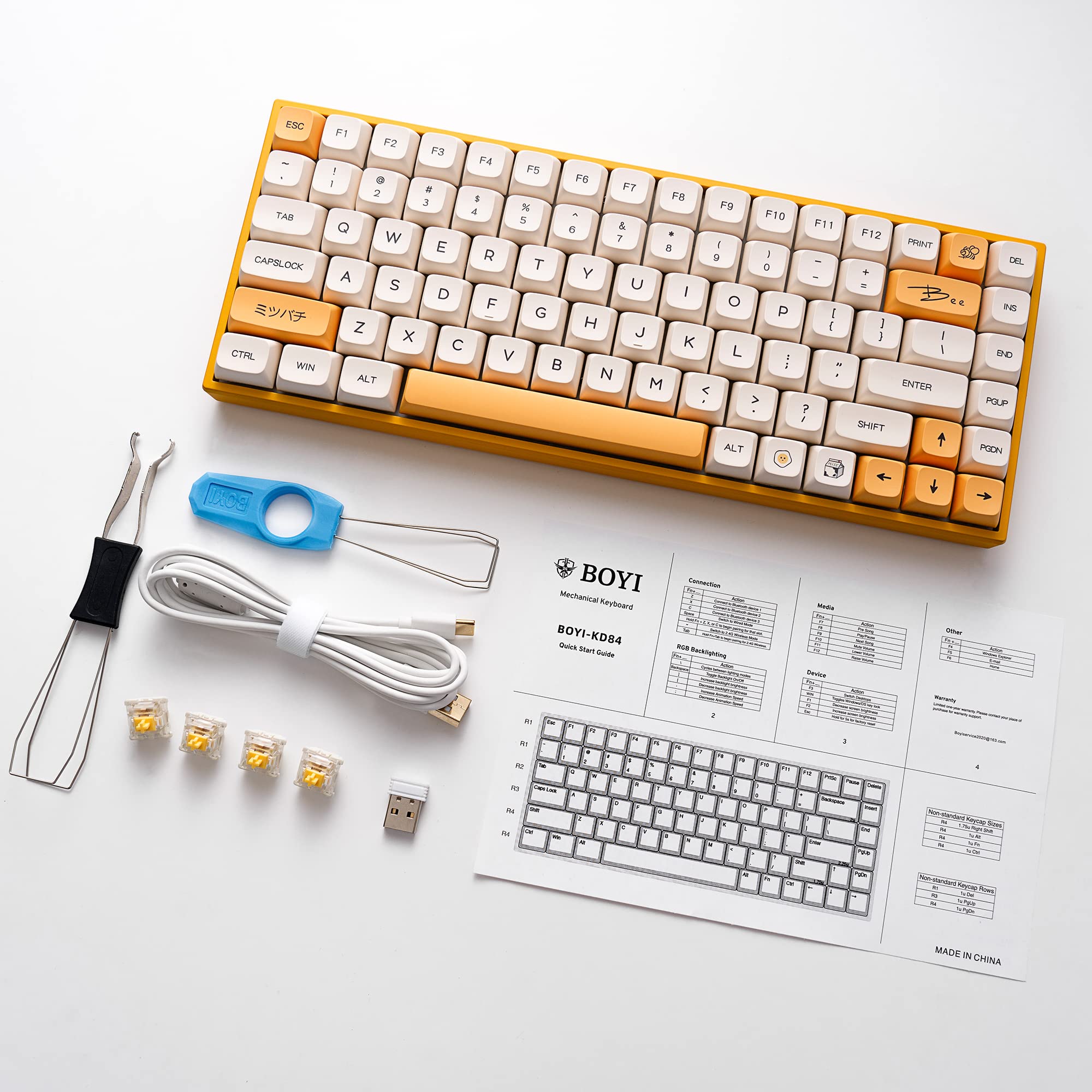 KD84 Hot Swappable 75% Compact Gateron Yellow Switch Keyboard, Bluetooth 5.0/Wireless 2.4G/Wired Type-C Tri-Mode N-Key Rollover RGB Mechanical Gaming Keyboard (Honey Milk XDA Keycaps)