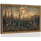 Vintage Moon Forest Wall Art, 3D Textured Nature Landscape Wall Decor Paintings, Hand Drawn Sandstone Woodland Wildflower Picture Prints Artwork for Bedroom Living Room 12x16 inch Wood Framed