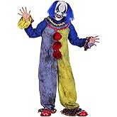 Adult Blue Carousel Clown Costume with Mask - Men's Blue & Yellow Jumpsuit, Red Pom-Poms & Eerie Clown Mask