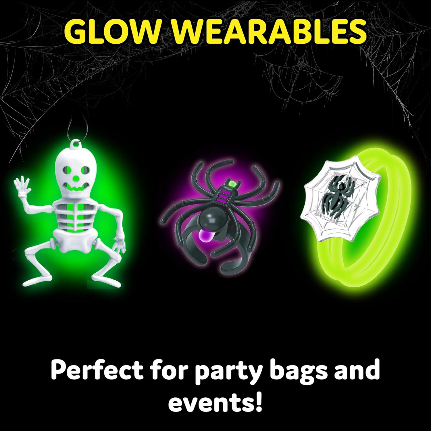 PartySticks Glow Party Skeleton Kit Party Favors for Kids - 24pk Glow in The Dark Party Decorations with 15 Glow Sticks, 3 Skeletons, 3 Spider Rings, and 3 Glow Bracelet Connectors: Toys & Games