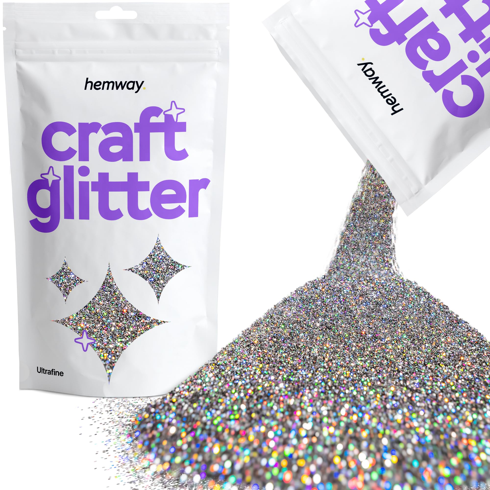 Hemway Craft Glitter Gun Metal Grey Holographic 100g Ultrafine Glitter for Crafts, Resin, Cosmetic, Nail, Face, Body, Festival, Tumblers, Art, Candle, Crafting