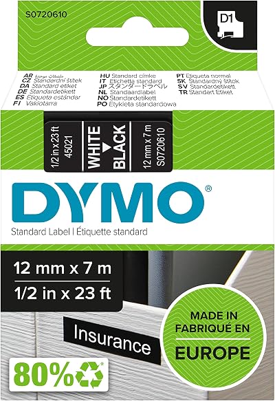 Dymo Authentic D1 Labels White on Black Tape 12 mm x 7 m for LabelManager