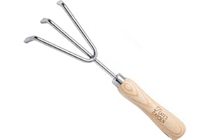 Cate's Garden Garden Hand Cultivator Premium Hand Rake for Tilling Soil - Heavy Duty Stainless Steel, Smooth Natural Ash Wood Handle and Leather Strap