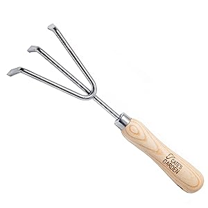 Cate's Garden Garden Hand Cultivator Premium Hand Rake for Tilling Soil - Heavy Duty Stainless Steel, Smooth Natural Ash Wood Handle and Leather Strap