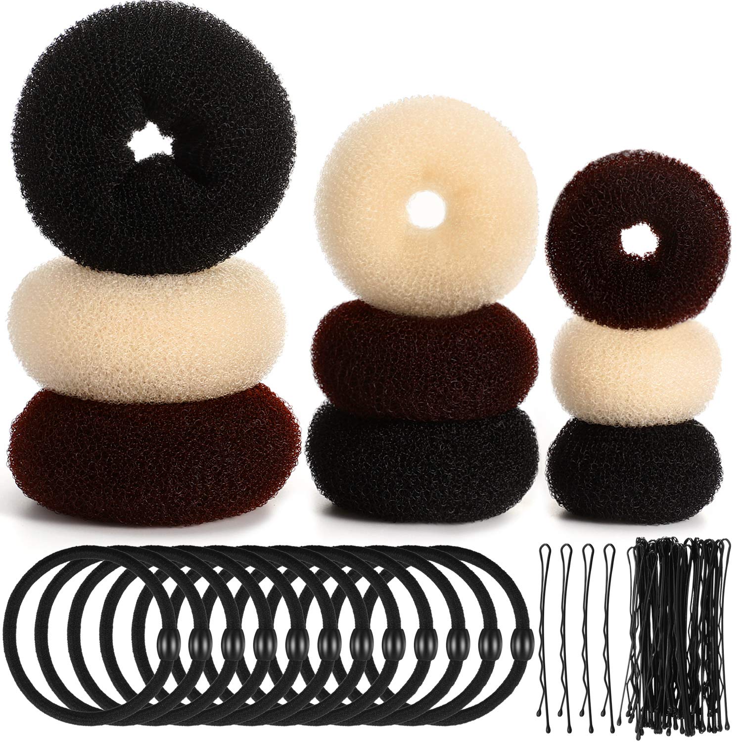 9 Pieces Donut Hair Bun Maker Shaper Foam Sponge Doughnut Bun Ring Style Set with 12 Pieces Hair Elastic Bands Ties and 32 Pieces Hair Bobby Pins for Women Girls Kids (Black, Brown and Beige)