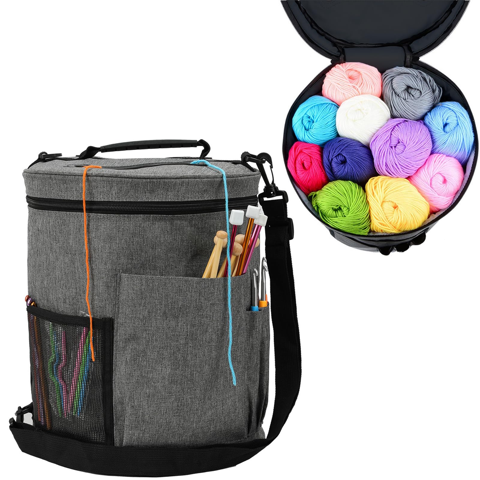Grey Large Portable Knitting & Crochet Bag - Wool, Yarn & Accessory Holder with Version Shoulder Strap