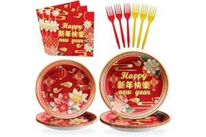 SCIONE 96 Pcs Chinese New Year Plates and Napkins Party Supplies Happy 2024 Dragon year Party Tableware Set Spring Festival Chinese New Year Eve Party Decorations Favors for 24 Guests