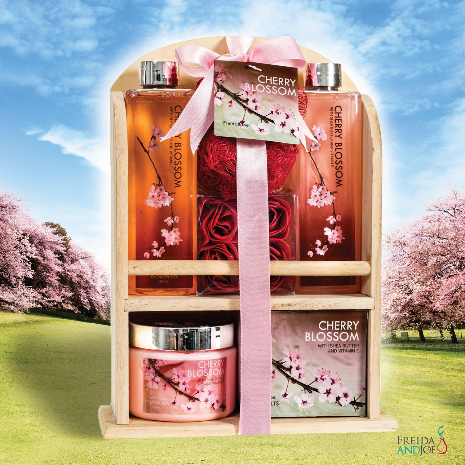 Home Spa Gift Basket - Deluxe Cherry Blossom Fragrance - Luxury Bath & Body Set For Women - Contains Shower Gel, Bubble Bath, Bath Salts, Body Lotion, Bath Puff, Pink Bath Rose Soaps in Wooden Curio : Beauty
