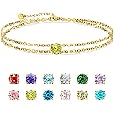 Rose Cut Diamond Womens Birthstone Bracelet Waterproof– 14K Gold Plated Dainty Stainless steel Double Chain Adjustable Bracelet – Minimalist Jewelry Gift for Birthday, Anniversary, Graduation