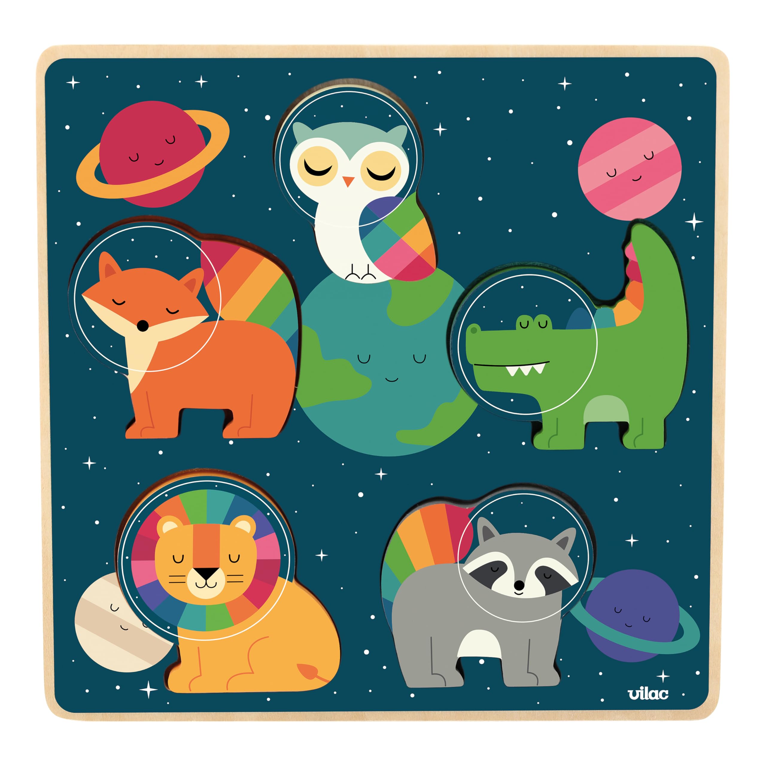 Vilac Touch and Feel Wooden Shape Puzzle - 5 Animal Pieces and Board, Montessori Game, Space Theme by Andy Westface, 18 Months+ — image 1