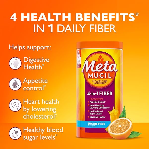 METAMUCIL 4 IN 1 DAILY FIBER SUPPLEMENT POWDER, FIBER POWDER FOR DIGESTIVE HEALTH AND REGULARITY*, SUGAR-FREE, ORANGE, NATURALLY SOURCED PSYLLIUM FIBER, 180 TEASPOONS