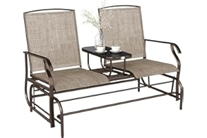 Outsunny Outdoor Glider Bench with Table, Patio Loveseat for 2 Persons, Garden Glider Rocking Chair with Breathable Mesh Fabr