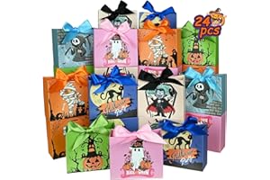 NIMBBEX 24PCS Halloween Goodies Bags, Trick or Treat Candy Gift Paper Bags Bulk with Ribbons, Halloween Treat Boxes for Kid, Party Favor, Classroom Exchange, Home Decoration 4.5 x 3.9 x 1.7 Inches
