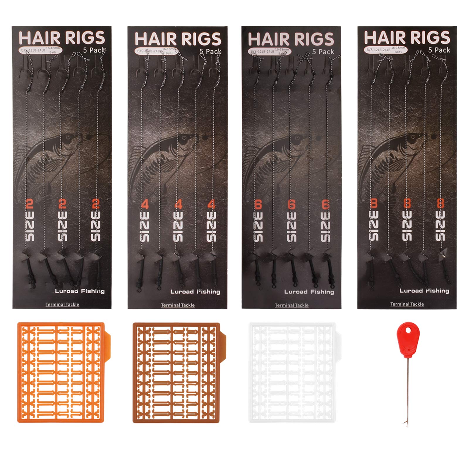 Luroad Carp Fishing Hair Rigs, 20 Pcs Curved Barbless Carp Hook Anti-Tangle Swivel Braided Thread line with 3 Card Boilie Bait Stops Dumbell Stoppers and Stringer Needle, Size 2