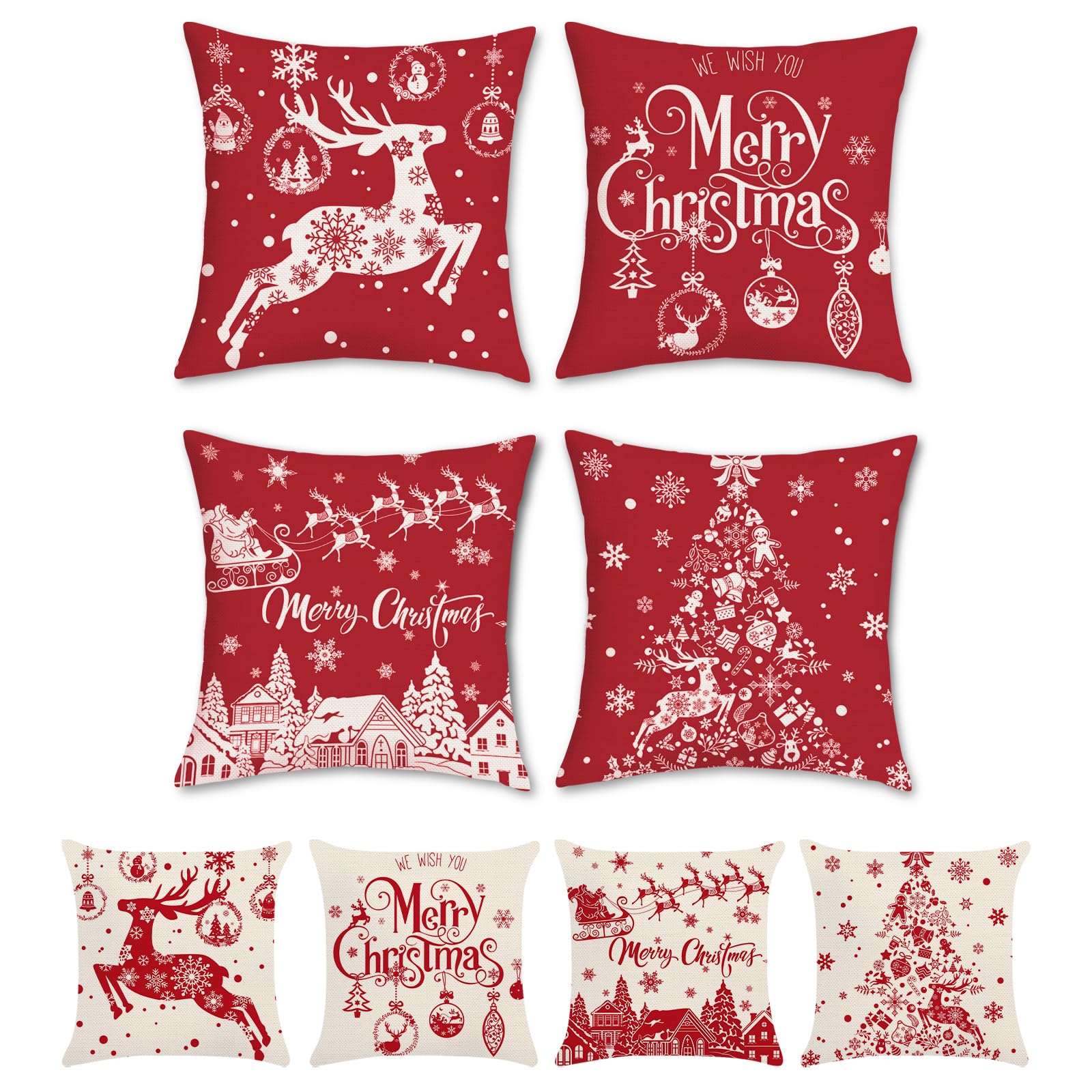 Bonhause Christmas Cushion Covers 45 x 45 cm Both Sides Reindeer Snowflake Red Pillow Covers Polyester Linen Decorative Pillowcase for Sofa Home Winter Xmas Decor Set of 4