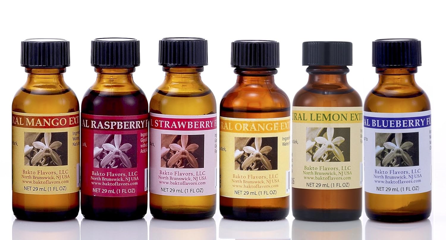 Delicious Fruit Bakto Flavors, 6 Flavor Variety Pack Bottles: Natural Flavors & Extracts : LEMON, MANGO, STRAWBERRY, RASPBERRY, BLUEBERRY, ORANGE For Recipes! 1 OZ Bottles